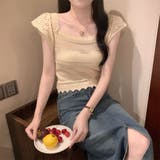 BEIGE | すかし編み＆レース袖ニットプルオーバー | LETee
