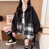 BLACK | 異素材ドッキングビッグシャツ/チェック柄/英字ジャカード | LETee