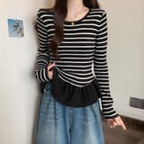 BLACK | ボーダーニットプルオーバー/裾フリル/ペプラム | LETee