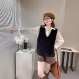 BLACK | フェザーニットVネックベスト/レイヤードコーデ | LETee