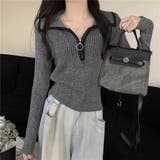 GREY | ハーフジップえりつきニットプルオーバー/リングスライダー/トリミングカラー | LETee