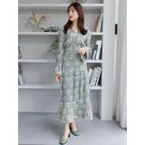グリーン | キーネックバイカラープリーツワンピース | LADYMADE