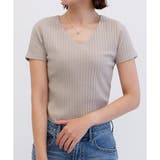 ベージュ | 【ワイドリブ】半袖VネックシームレスTシャツ | CLOTHY