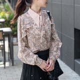 ピンク | フラットカラーリボン紐結びフレア袖ブラウス | Frenchic