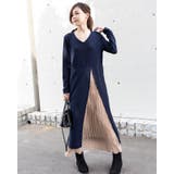 ネイビー×ベージュ | ドッキングワンピース プリーツスカート ロングワンピース | Frenchic