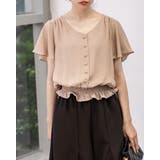 ピンクベージュ | ２WAYドット柄ウエストギャザーペプラムブラウス | Frenchic