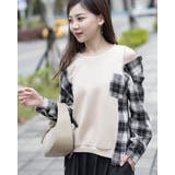 ベージュ | オープンショルダーチェック柄切替えブラウス | Frenchic