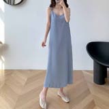 ブルー | キャミワンピースVネックロング丈 バックスリット クロスストラップ | LTL