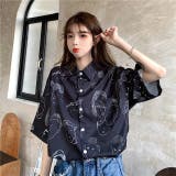 ブラック | 春夏新作 半袖 柄シャツ Tシャツ トップス カットソー 韓国ファッション | luby