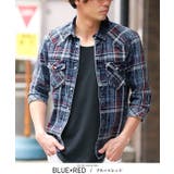 ブルー×レッド | 7分袖シャツ メンズ チェック柄 | LUXSTYLE