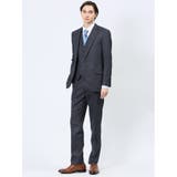 光沢ウール混 スリムフィット 2ボタン3ピーススーツ 組織紺 | TAKA-Q MEN | 詳細画像1 