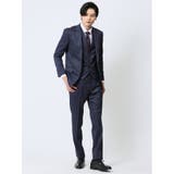 光沢ウール混 スリムフィット 2ボタン3ピーススーツ 組織青 | TAKA-Q MEN | 詳細画像1