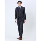 光沢ウール混 スリムフィット 2ボタン3ピーススーツ ウィンドペン青 | TAKA-Q MEN | 詳細画像1