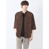 35こげ茶 | カウラ/Kaule リネンライク バンドカラー 7分袖シャツ | TAKA-Q MEN