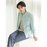 50緑 | ストレッチストライプ柄 バンドカラー長袖シャツ | TAKA-Q MEN