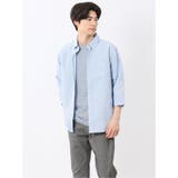 73サックス | TechLinen ボタンダウン 7分袖シャツ | TAKA-Q MEN