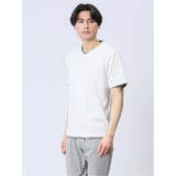 01白 | リンクス縦柄 フェイクVネック半袖Tシャツ | TAKA-Q MEN