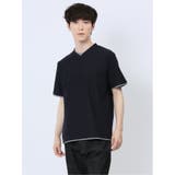75紺 | リンクス縦柄 フェイクVネック半袖Tシャツ | TAKA-Q MEN