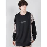 05黒 | チェック切替 クルーネック 長袖ルーズTシャツ | TAKA-Q MEN