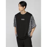 05黒 | チェック切替 クルーネック ドルマンBIGTシャツ | TAKA-Q MEN
