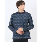 75紺 | 裏起毛チェック モックネック長袖Tシャツ | TAKA-Q MEN