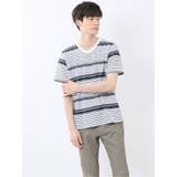 75紺 | ポップコーンボーダー Vネック半袖Tシャツ | TAKA-Q MEN