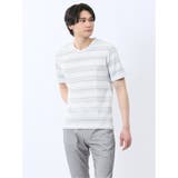 75紺 | メッシュボーダー Vネック半袖Tシャツ | TAKA-Q MEN