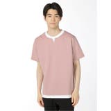 12ピンク | フェイクレイヤード キーネック半袖Tシャツ | TAKA-Q MEN