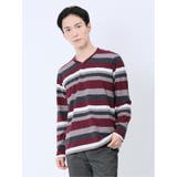 15ワイン | ランダムボーダー フェイクVネック長袖Tシャツ | TAKA-Q MEN