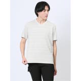 33ベージュ | メッシュボーダー フェイクVネック半袖Tシャツ | TAKA-Q MEN