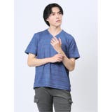 75紺 | メッシュボーダー フェイクVネック半袖Tシャツ | TAKA-Q MEN