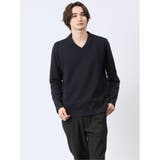 75紺 | ジオメトリックジャガード Vネック長袖Tシャツ | TAKA-Q MEN