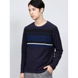 75紺 | パネルボーダー ブークレフリース クルーネック長袖Tシャツ | TAKA-Q MEN