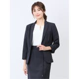 綿麻ライク 1ボタン7分袖ジャケット 紺(セットアップ可能) | TAKA-Q WOMEN | 詳細画像1