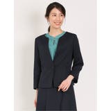 75紺 | 麻調合繊 キーネック7分袖ジャケット 紺(セットアップ可能) | TAKA-Q WOMEN