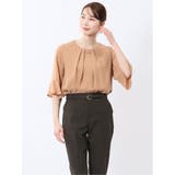 34キャメル | ネックレス付き 7分袖プルオーバーブラウス | TAKA-Q WOMEN