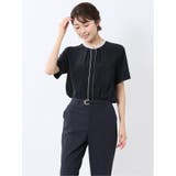 75紺 | バンドカラーパイピング 半袖比翼ブラウス | TAKA-Q WOMEN