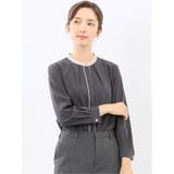 06グレー | バンドカラー配色 比翼 長袖ブラウス | TAKA-Q WOMEN