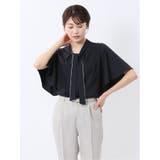 75紺 | 配色ボウタイ 半袖比翼ブラウス | TAKA-Q WOMEN
