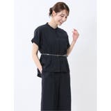 75紺 | 麻調合繊 バンドカラー 半袖ブラウス(セットアップ可能) | TAKA-Q WOMEN