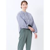 70青 | ブロード バンドカラー フリル長袖ブラウス | TAKA-Q WOMEN