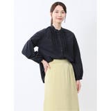75紺 | ブロード バンドカラー フリル長袖ブラウス | TAKA-Q WOMEN