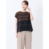 35こげ茶 | ランダムボーダー フレンチスリーブ プルオーバー | TAKA-Q WOMEN