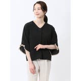 05黒 | カットジョーゼット 配色 7分袖プルオーバー | TAKA-Q WOMEN