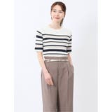 01白 | 快適機能 ボーダークルーネック 半袖ニット | TAKA-Q WOMEN