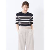 75紺 | 快適機能 ボーダークルーネック 半袖ニット | TAKA-Q WOMEN