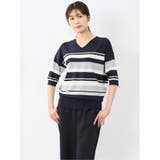 75紺 | 快適機能 ボーダー Vネック 半袖ニット | TAKA-Q WOMEN