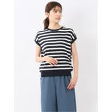 75紺 | 快適機能 ボーダー フレンチ袖 クルーニット | TAKA-Q WOMEN