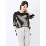 05黒 | 快適機能 ゆるボーダー クルーネック 半袖ニット | TAKA-Q WOMEN