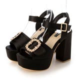 ブラック・サテン | Mafmof(マフモフ)11cmチャンキーヒールパールバックル厚底サンダル | Mafmof
